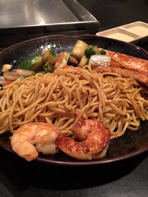 My daughter's meal: Salmon & shrimp with noodles.