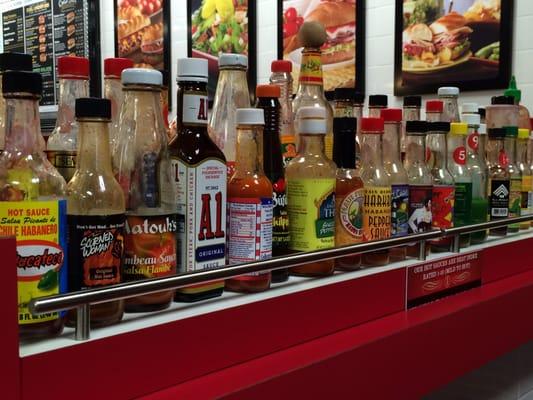 Hot sauce bar labeled by heat level!