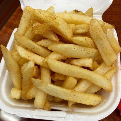 Tasty fries with seasoned salt. $3.50 + tax, large only.