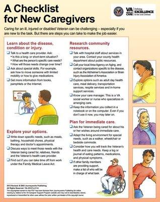 Source: A Checklist for New Caregivers. caregiver.va.gov