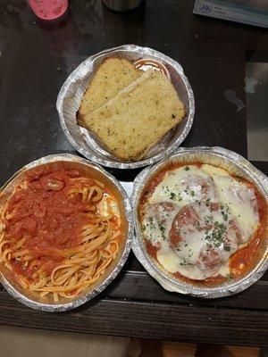 Linguini with eggplant parmigiana and garlic bread ($5)