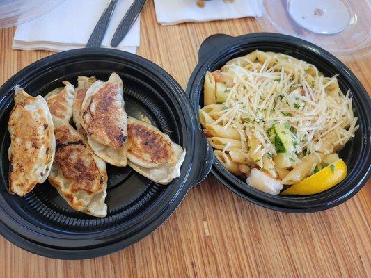 Potstickers aka dumplings and shrimp scampi.