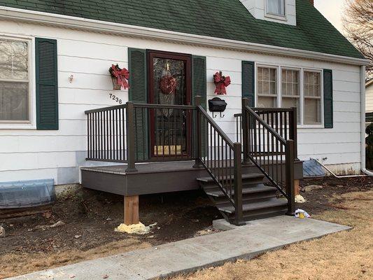 Replaced concrete porch with Azek deck, westbury railing, new sidewalk