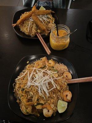 The top is shrimp tempura pad Thai and the bottom shrimp pad Thai