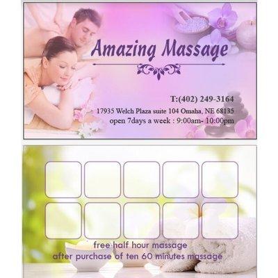 Amazing Massage
17935 Welch Plaza #104, Omaha, NE 68135 

Print or show screen on smartphone to redeem offer...