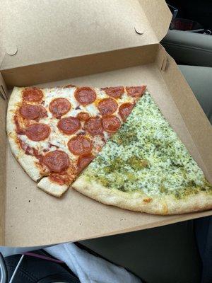 Pepperoni slice and pesto slice