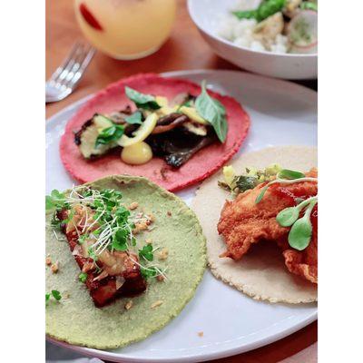 Third Course: Taco Trio. Pork Belly, Fried Chicken and Mushroom and Squash.