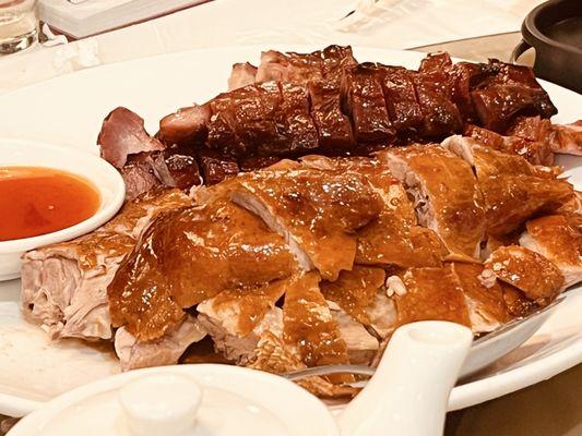 Combination platter of roast duck and BBQ pork