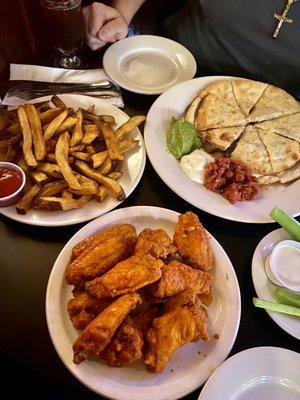 Buffalo Wings, Steak Quesadilla, and Fries.