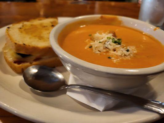 Half Jalapeño Popper grilled cheese and bowl of tomato bisque ($9)