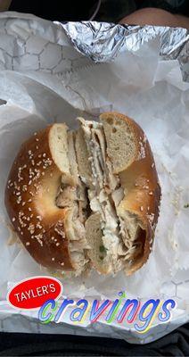 Salt bagel with turkey and onion cream cheese