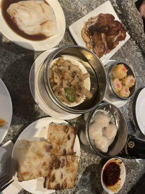 Shrimp har gow, shu mai, roast duck, tripe, shrimp rice paper roll, turnip cake