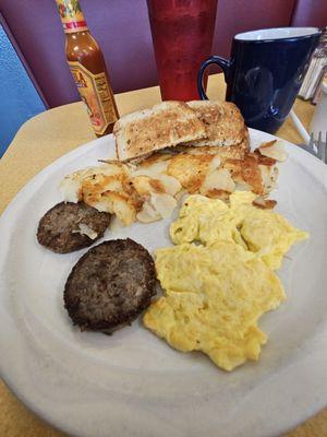 One egg, rye toast, 2 sausage patties $5.49. Coffee $1.99