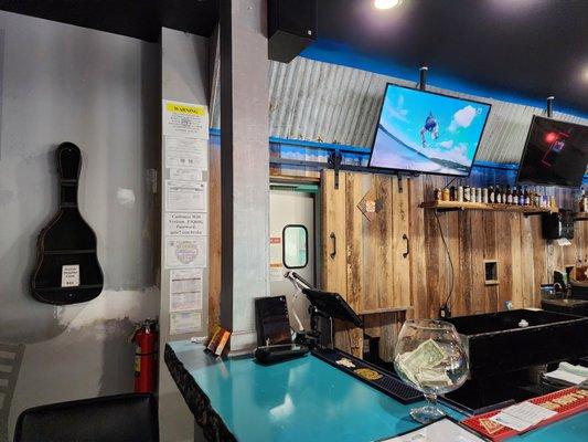 Back of bar with closed barn door