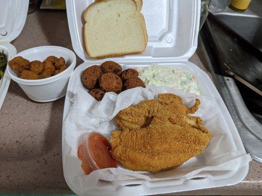 Catfish dinner (2 pieces) with sides hush puppies and coleslaw, side of fried okra on the left.