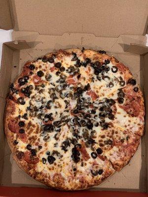 Pepperoni and black olive large round.