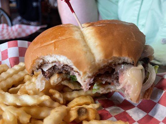 Close up of the inside of Ranch Burger