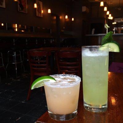 Celia (left) - Serrano line tequila, grapefruit, pink salt Bessie (right) - gin, cucumber, basil lemon