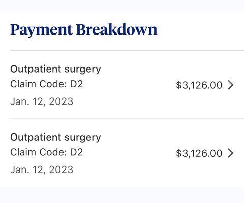 Claim to my insurance showing two outpatient surgeries