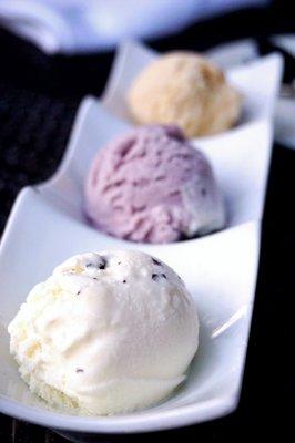 Housemade Gelato Trio (front to back): Stracciatella, Berry Mascarpone, and Peanut Butter ($10).