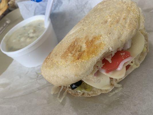 Seafood sub and homemade clam chowder.