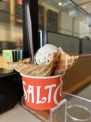 Single Scoop of Salted, Malted, Chocolate Chip Cookie Dough and The Great Candycopia $6.50 W/Split Scoop $.50