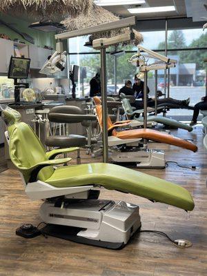 The dental chairs and open cleaning area