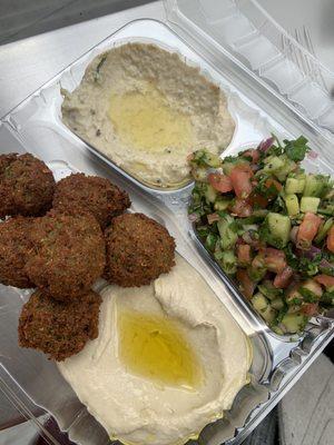 Falafel salad Baba Ganoush hummus Pita Bread