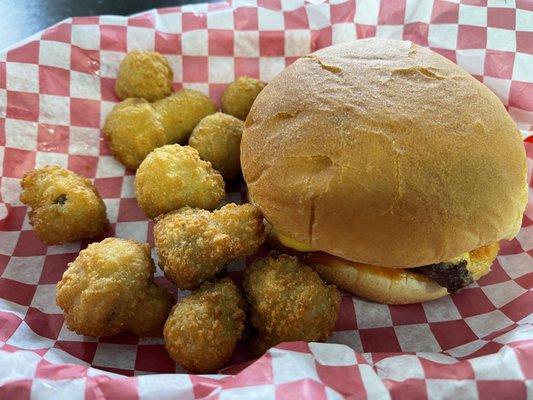 Cheeseburger with fried mushrooms, YUM!