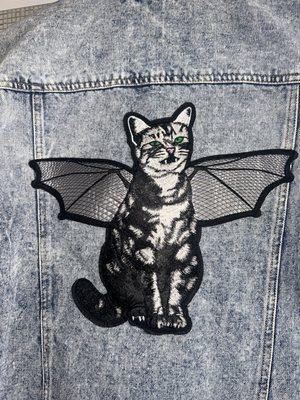 Rad cat patch, sewed on a jean jacket