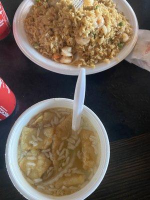 Sizzling rice soup and shrimp fried rice served on styrofoam