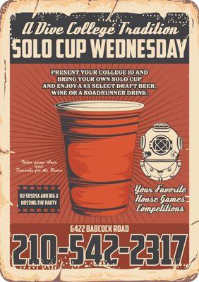 Solo cup Wednesdays
Bring your own solo cup and enjoy $3 select draft beer wine or road runner punch.