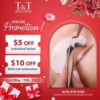 Nail your May look with killer lashes! 
Get ready for this hot season with our "May Special" at T&T Nails Salon
 5 OFF Individual la