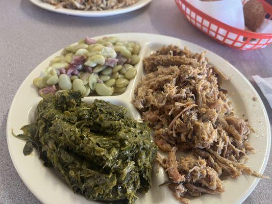 Loaded plate - pork BBQ, Bum's home grown collards, Lima's with chunks of ham.