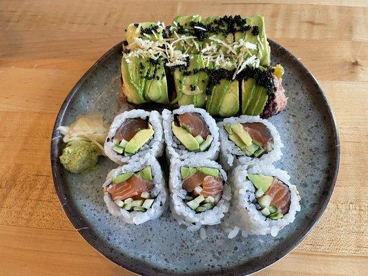 Black Magic roll (top) and salmon, avocado and cucumber roll