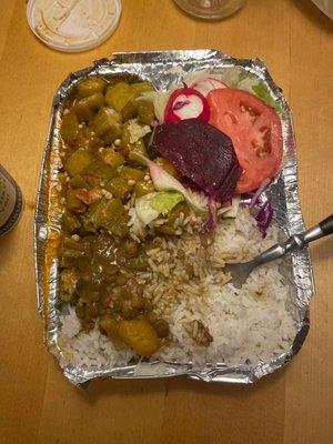 molondrónes, lentil soup, salad, white rice