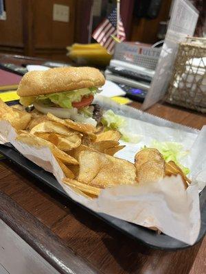 Black and Blue Burger with homemade chips