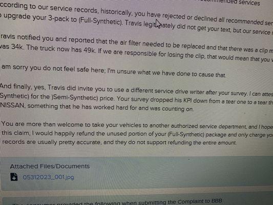 Response from dealership.