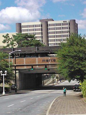 One is on the GSU campus once they've gone under that trestle marked MARTA and upon which Atlanta's rapid transit system runs.