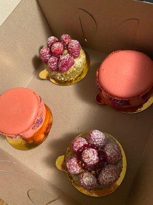 Margo (strawberry Chantilly, raspberry - lemon verbena) and Jarmo (pistachio - almond cake, summer berry compote)