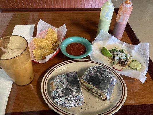 Carne asada torta. Lengua taco. Horchata & Chips and salsa