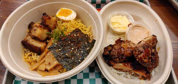 Shoyu ramen with pork belly (left), "Tokyo hot" karaage Fried chicken (right)