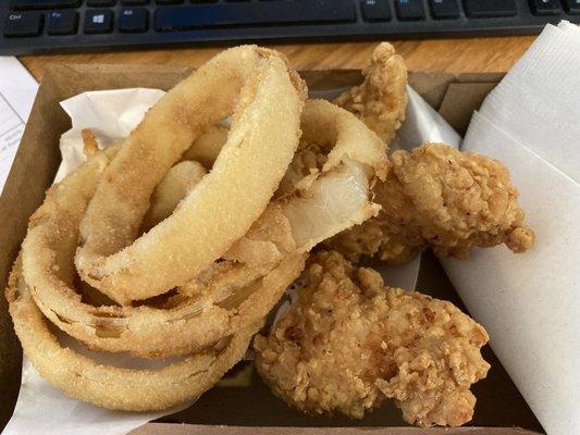 Actually, very good chicken. Loved the breading. And good onion rings.