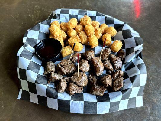 Chislic Basket with Choice of Side (Tater Tots) and Choice of Sauce (BBQ)