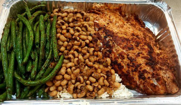 Blackened Rock Fish Black eye Peas rice Green Beans