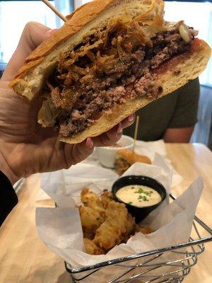 Bourbon Meyer burger.. they forgot to put the bourbon glaze sauce in there.. either way, it was a 5/10. Flavorless.