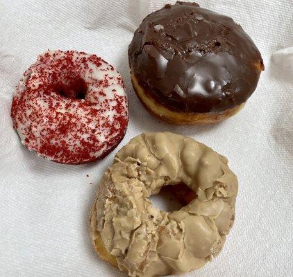 Red velvet, chocolate custard filled & maple crueler (Smooshed inside the bag)