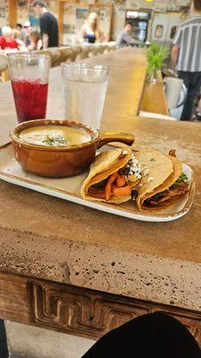 Roasted Brussels champ taco, sweet potato fries champ taco, jalapeño corn chowder