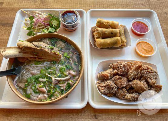 K5 - BEEF PHO with short rib, brisket & meatballs + A1 - VEGGIE EGG ROLLS + TAIWANESE POPCORN CHICKEN.