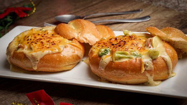 Loaded broccoli, potato and cheddar brioche bread bowls